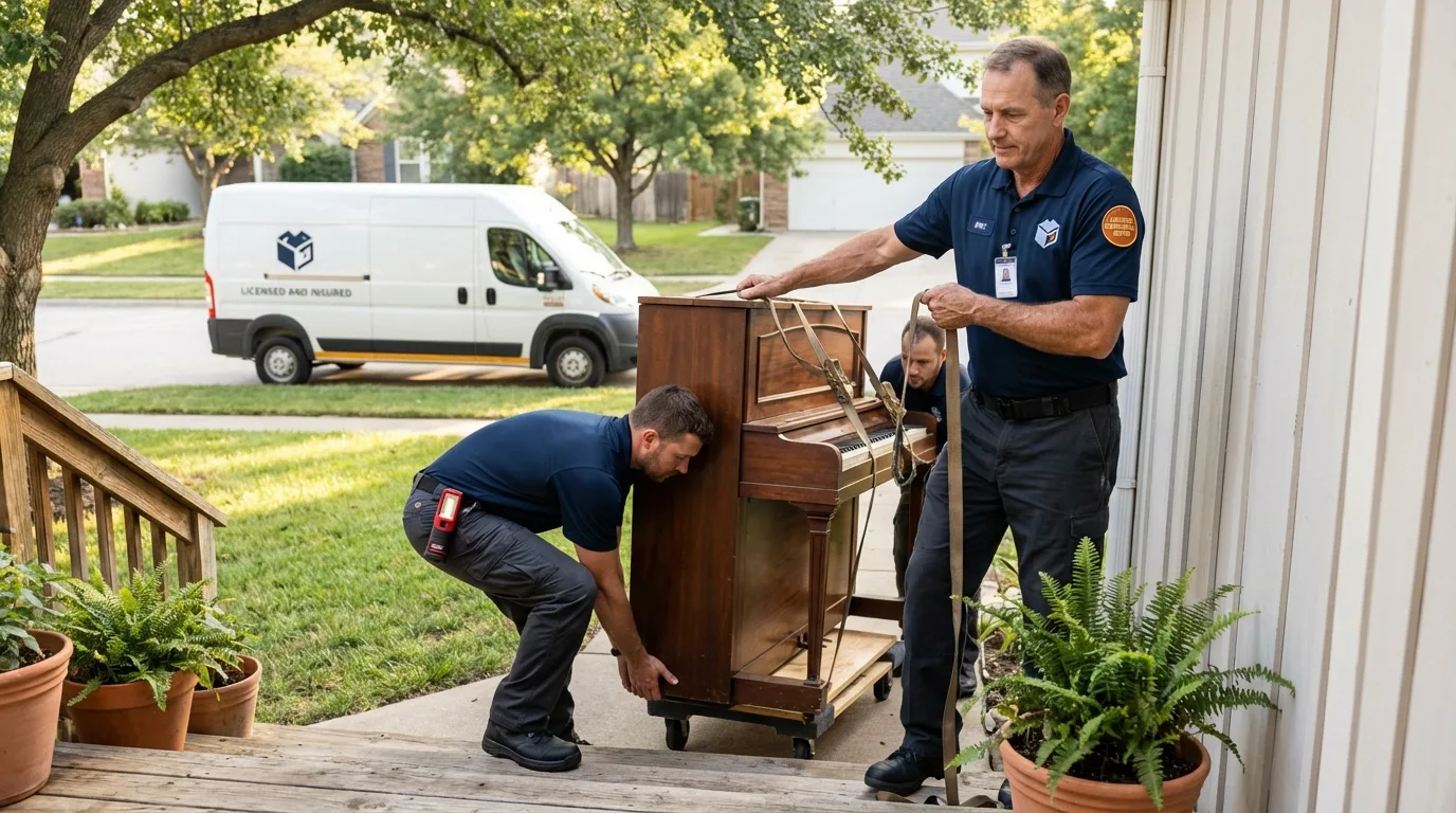 Licensed piano movers securing grand piano in Santa Clara, NM