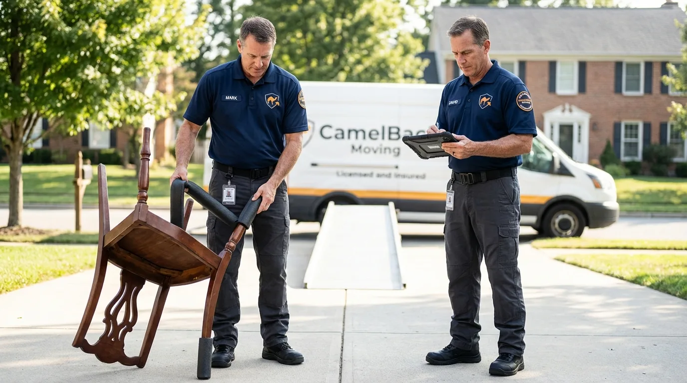Movers inspecting furniture for damage prevention before loading in Santa Clara, NM