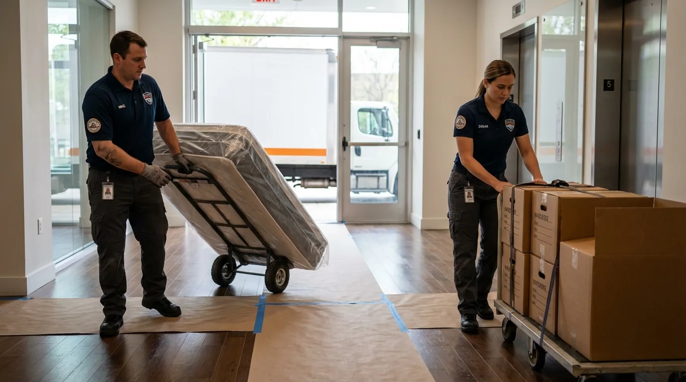 Professional apartment movers loading elevator in Santa Clara, NM