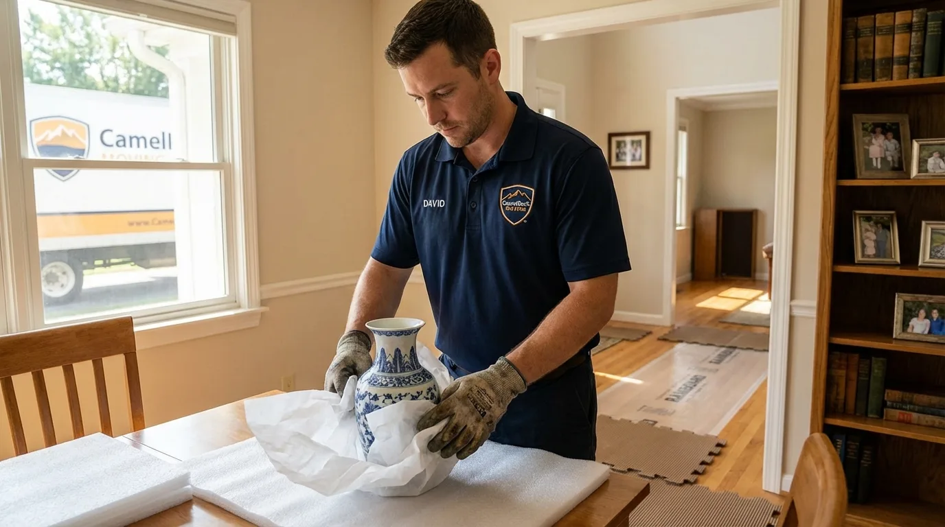 Professional crew carefully wrapping antique vase for senior downsizing move in Santa Clara, NM