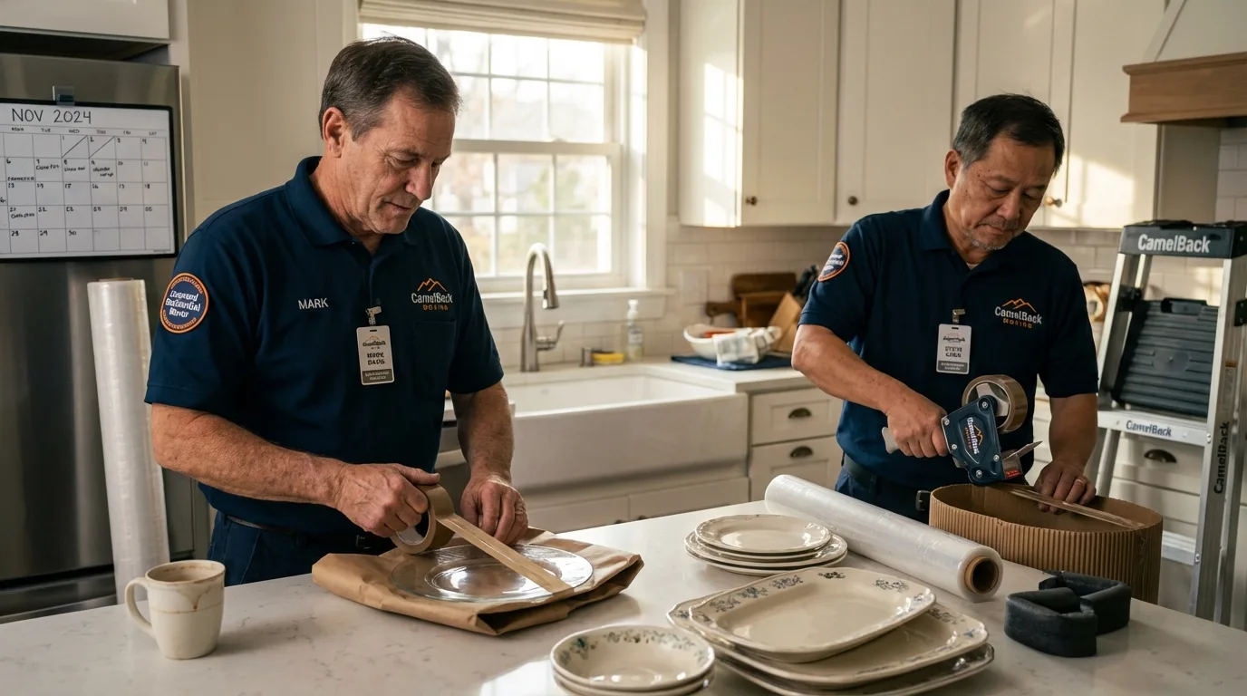 Professional crew packing kitchen dishware in Santa Clara, NM
